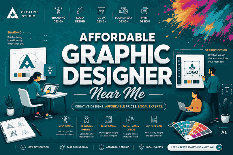 Professional corporate banner for Affordable Graphic Designer Near Me with white 3D typography, teal background, creative professionals, branding concepts, and logo design visuals