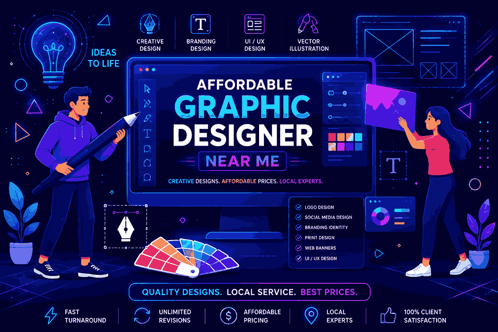 Futuristic flat vector banner for Affordable Graphic Designer Near Me with neon UI dashboard, creative designers, giant stylus pen, holographic light bulb, and colorful branding elements