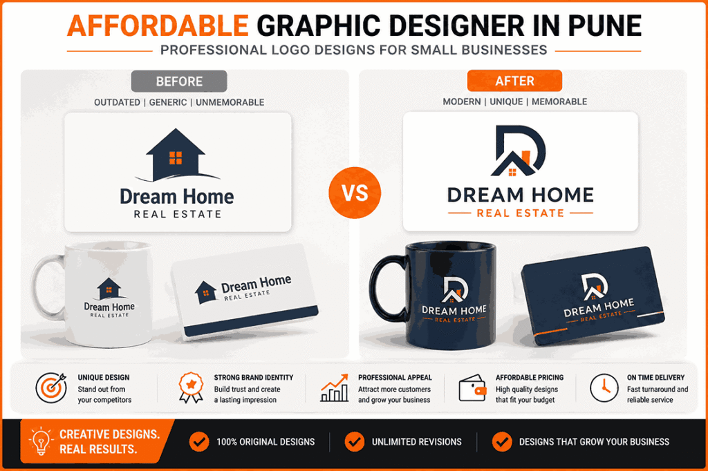 Professional logo designs created by affordable graphic designer in Pune for small businesses showing side-by-side before and after branding comparison with modern logo redesign concepts.
