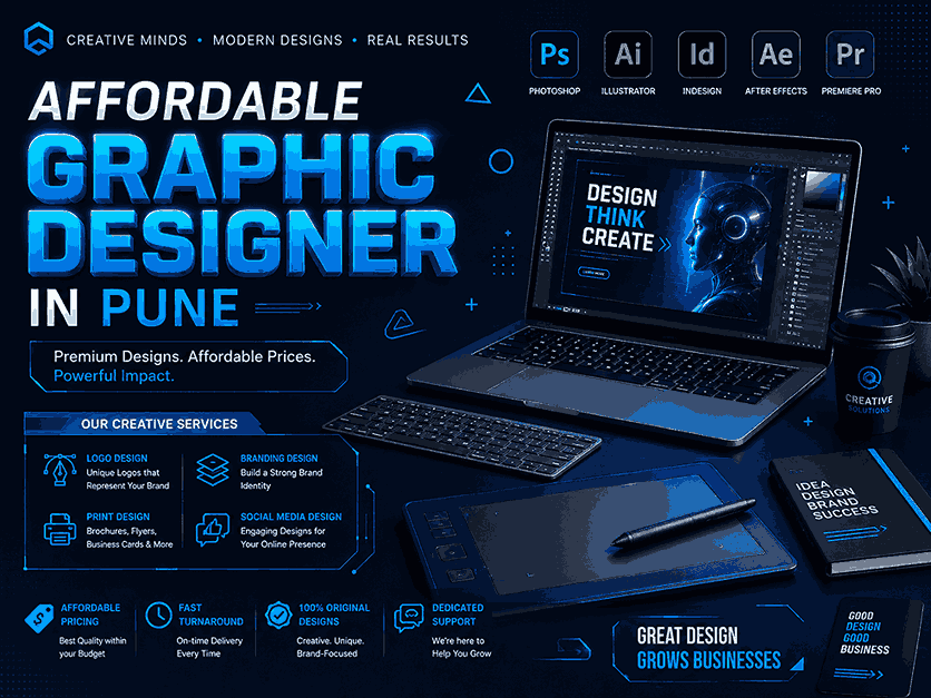Modern graphic design poster featuring Affordable Graphic Designer in Pune with glowing 3D typography, futuristic creative software dashboard, digital tablet, stylus, and blue tech-inspired workspace aesthetic.