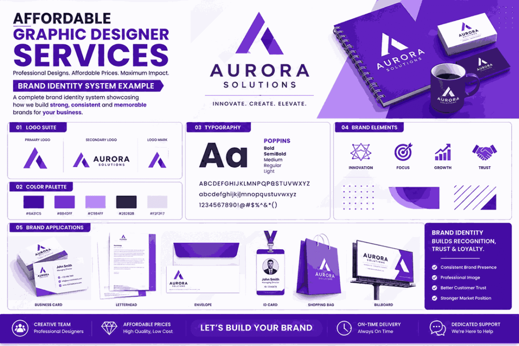 Complete brand identity system created by affordable graphic designer services including logo suite, color palette, typography, brand elements, and real-world branding application examples in purple theme.
