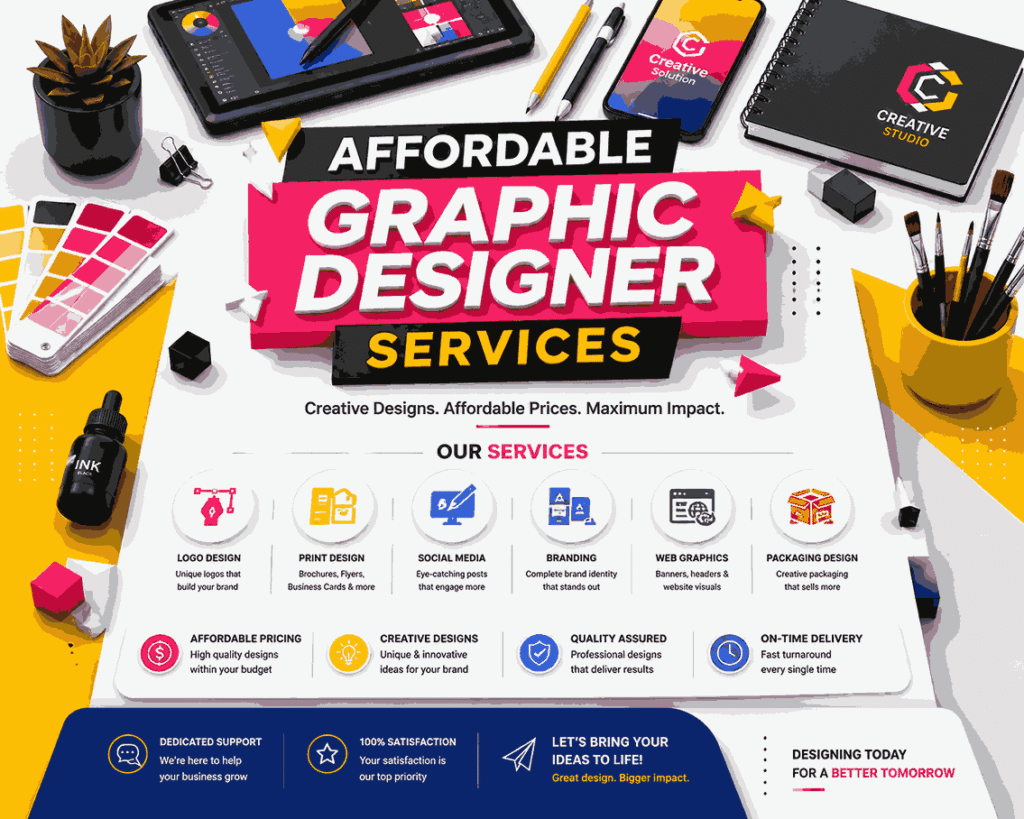 Modern isometric 3D affordable graphic designer services flyer with bright lemon background, hot pink geometric typography, creative studio tools, and professional branding service icons.