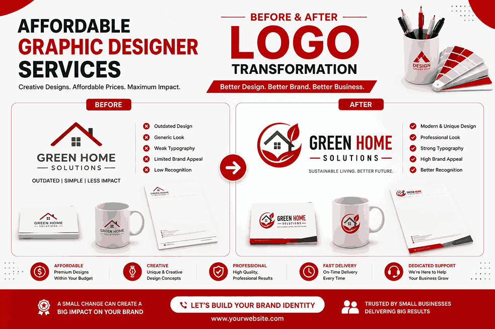 Affordable graphic designer services transformation showing logo before and after redesign for small business branding with modern red and white branding presentation.