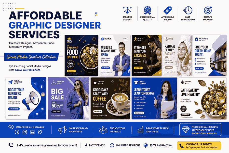 Collection of professional social media graphics designed by affordable graphic designer services for small business marketing.