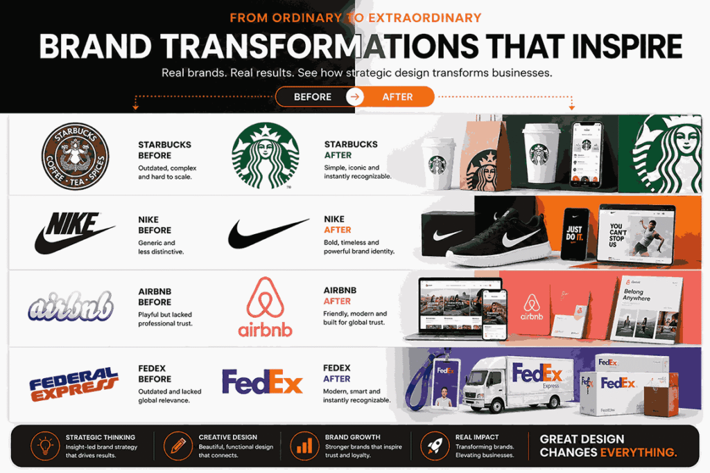 Landscape hero image showcasing before and after brand transformations with logo redesign examples, branding systems, packaging, and digital identity mockups for major global brands.