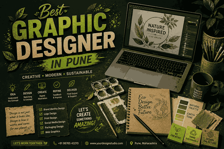 Modern graphic design poster with dark forest-green background featuring Best Graphic Designer in Pune, eco-inspired creative workspace, organic branding artwork, plants, watercolor palettes, and sustainable design elements.