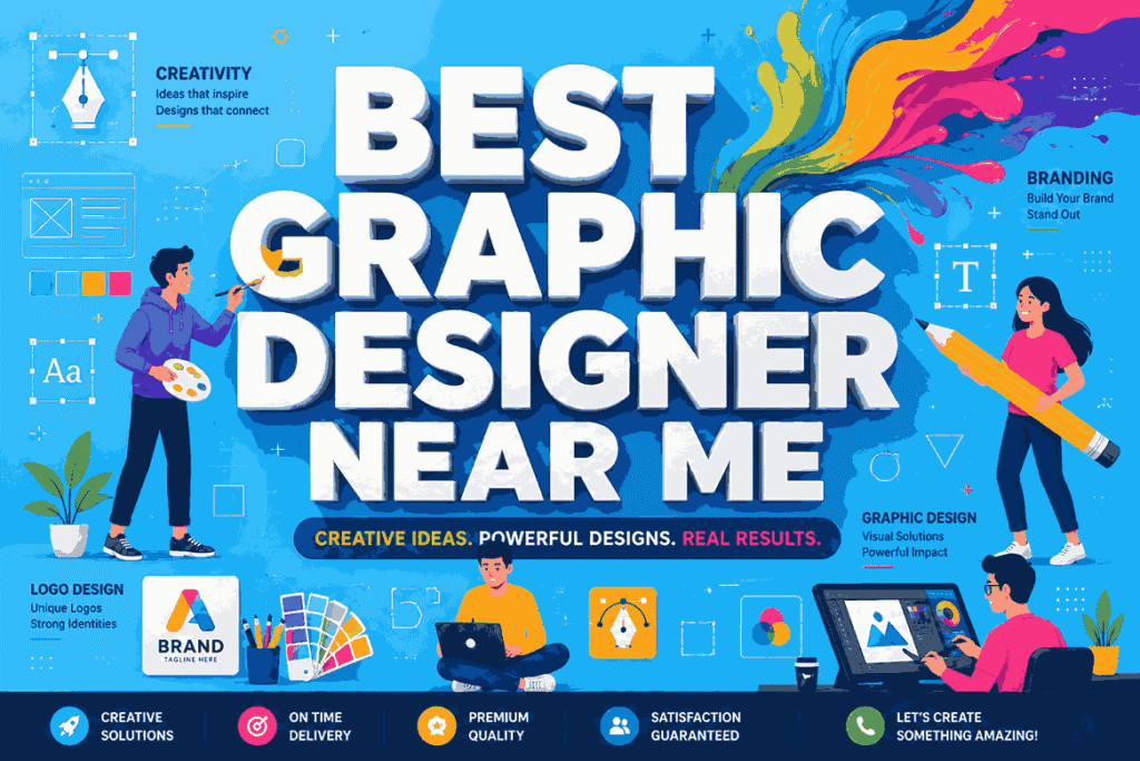 Best Graphic Designer Near Me promotional banner with bold 3D typography, colorful paint splash, creative designer illustrations, branding elements, and modern graphic design visuals