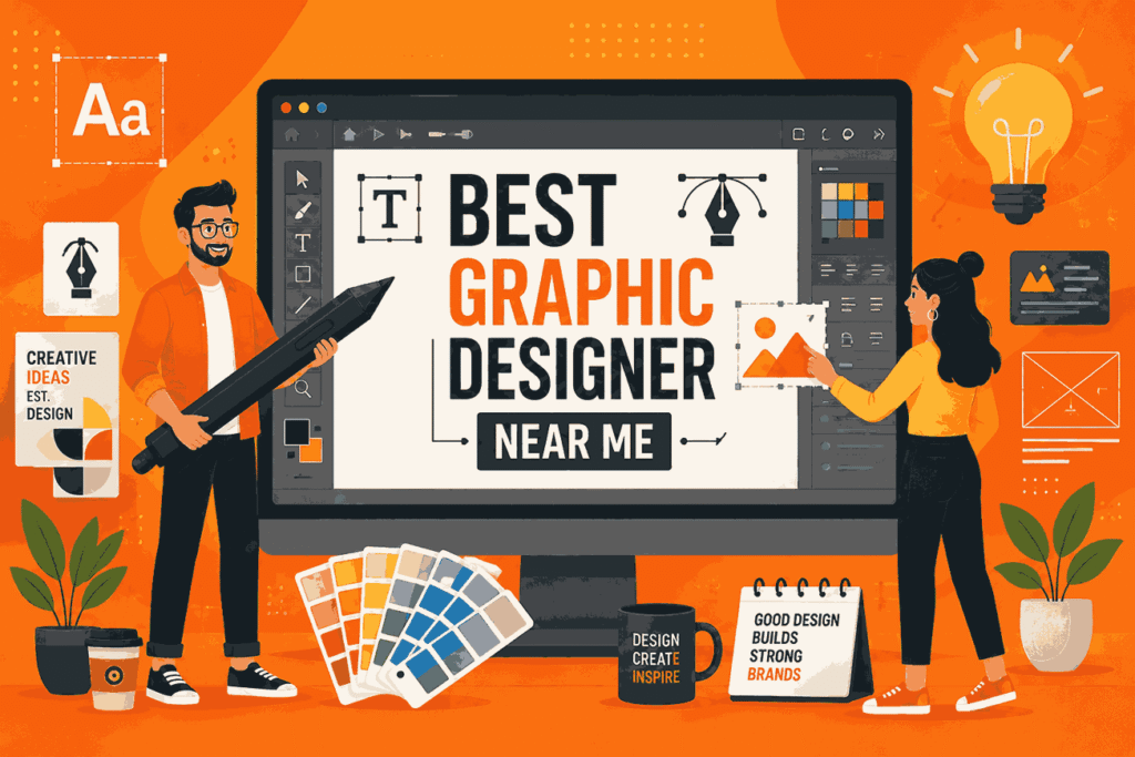 Modern flat vector illustration of Best Graphic Designer Near Me banner with creative designers, desktop monitor, typography design interface, stylus pen, and colorful branding elements