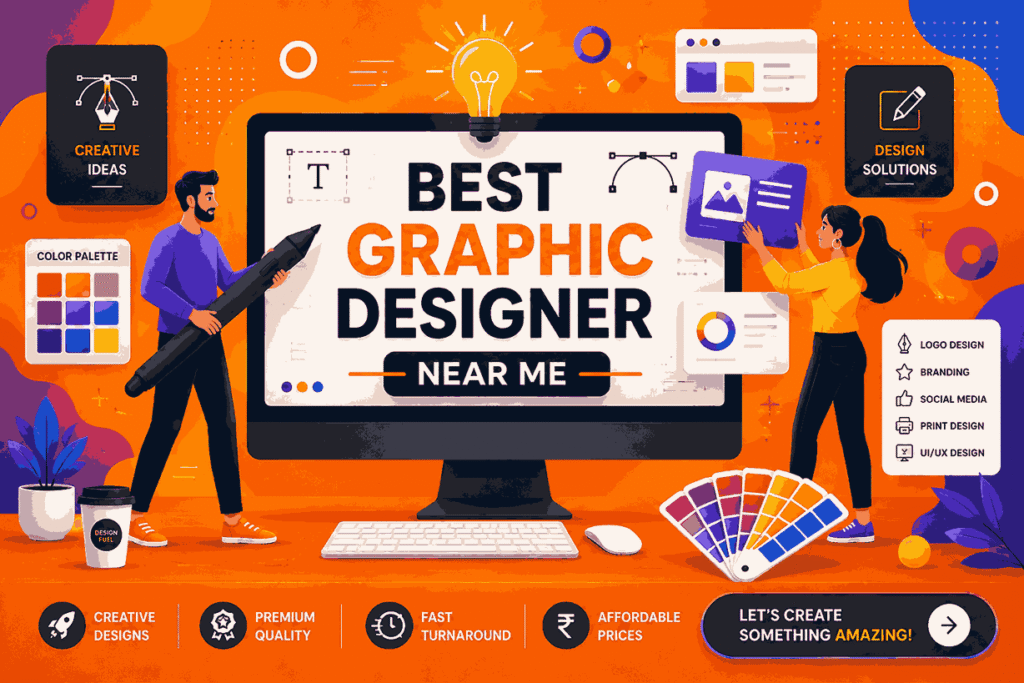 Best Graphic Designer Near Me vector banner with bold orange background, creative designers, giant stylus pen, glowing light bulb, UI elements, and branding graphics