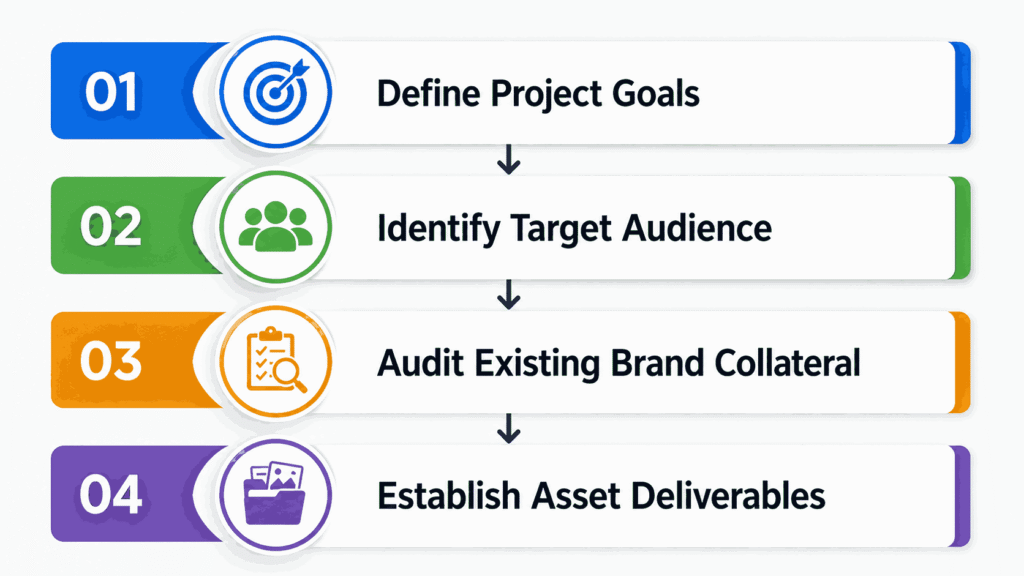 Professional project planning workflow infographic showing project goals, target audience analysis, brand collateral audit, and asset deliverables process in a landscape layout.