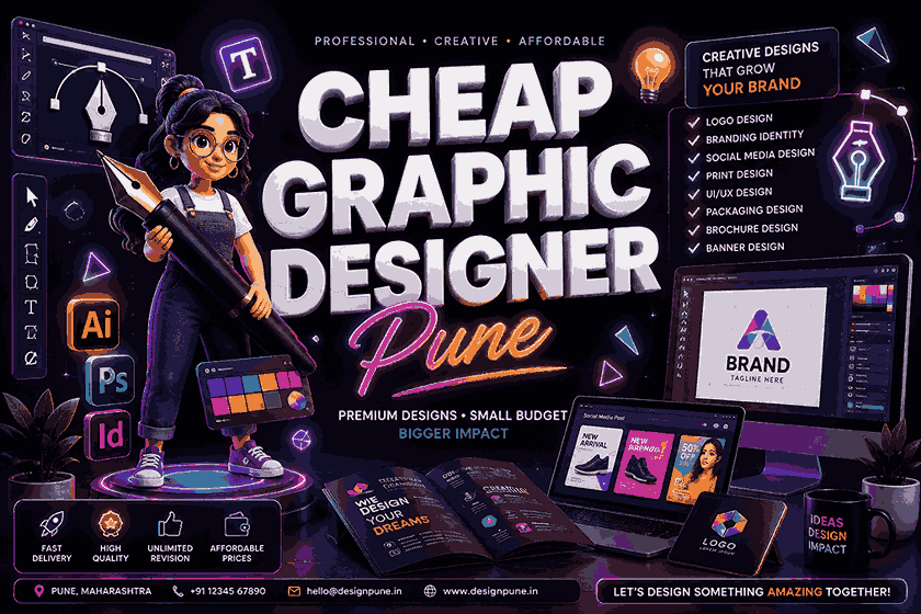 cheap Graphic Designer Pune 3D neon poster with female designer character, holographic branding screens, logo mockups, UI panels, and glowing creative software elements