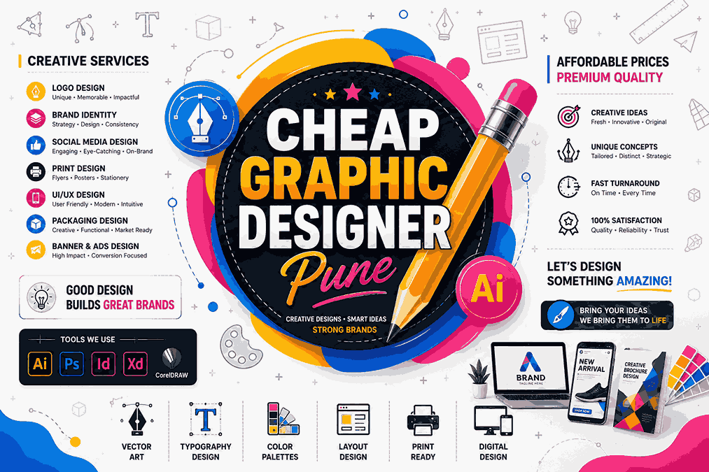 Cheap Graphic Designer Pune flat vector banner with colorful circular branding logo, giant pencil, abstract gradient shapes, and creative design doodle elements
