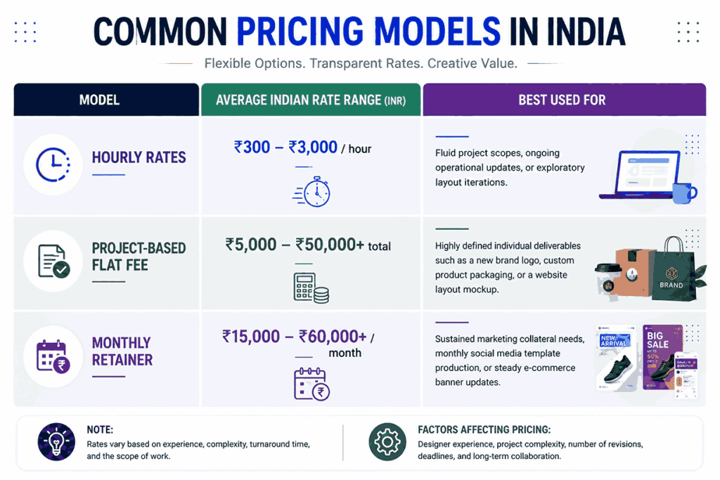 Infographic explaining common pricing models in India including hourly rates, project-based flat fees, and monthly retainers for graphic design and creative services.