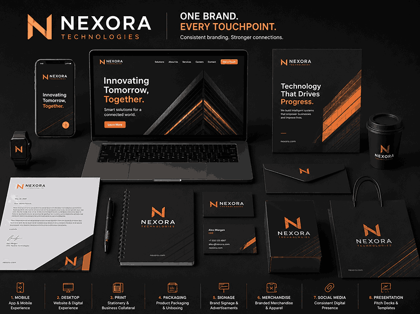 4:3 brand identity mockup showing consistent branding across mobile app, desktop website, print stationery, packaging, merchandise, social media, and presentation materials.