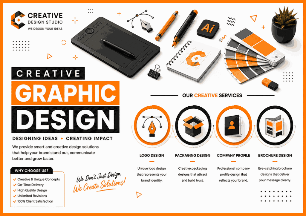 Creative graphic design agency flyer template with orange frame, bold typography, floating design tools, and infographic service icons for logo design, packaging design, company profile, and brochure design.