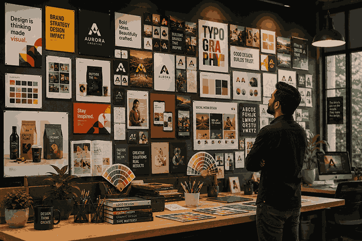 Modern graphic design studio wall showcasing logo concepts, branding mockups, typography posters, packaging designs, and creative marketing visuals with designer admiring the artwork