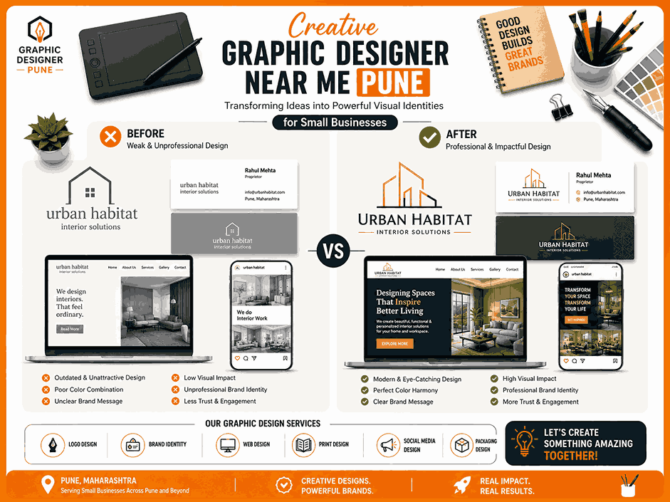 Creative Graphic Designer Near Me Pune comparison infographic showing before-and-after branding transformation for small businesses with logo design, website mockups, and brand identity improvements in 4:3 format.