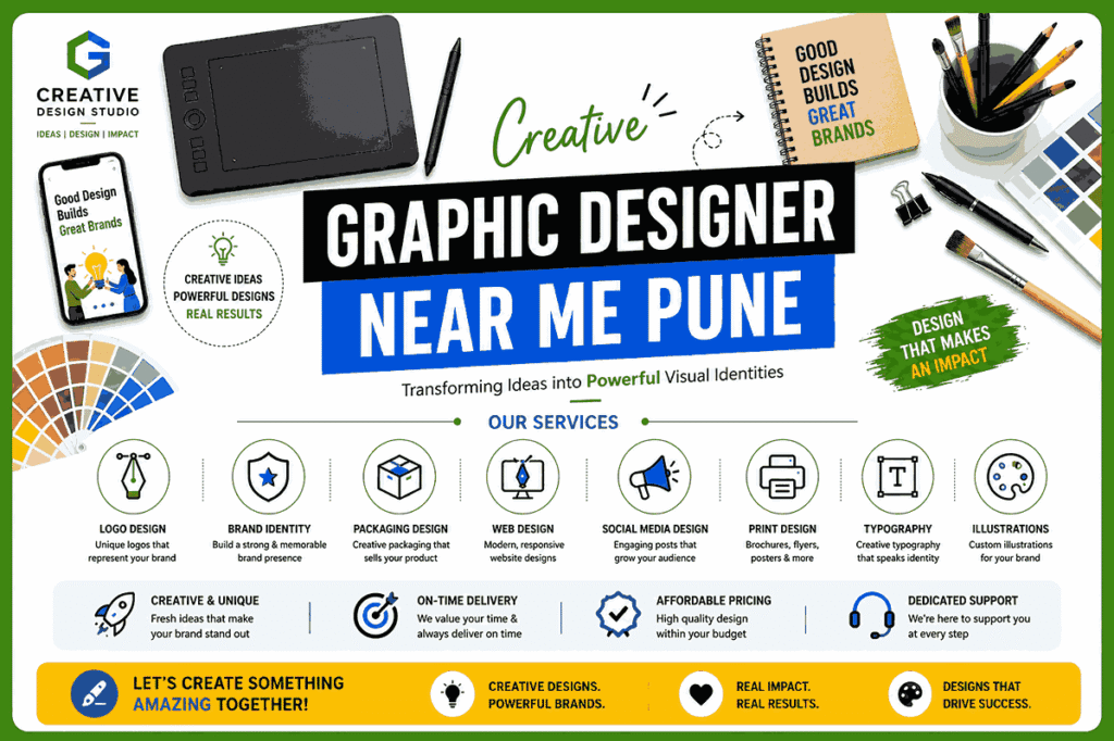 Modern branding flyer for Creative Graphic Designer Near Me Pune featuring flat vector illustrations, creative studio tools, branding service icons, and clean corporate layout with green, blue, and yellow accents.