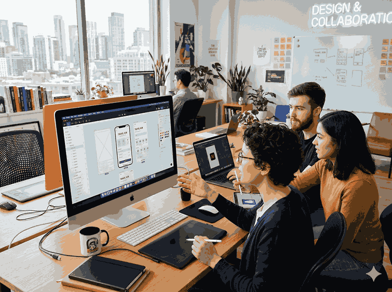 A group of creative graphic designers collaborating on digital UI/UX projects using modern design tools and software like Figma and Adobe Illustrator in a vibrant, sunlit co-working office.