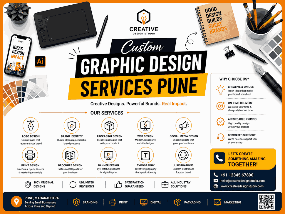 Modern branding flyer for Custom Graphic Design Services Pune featuring flat vector illustrations, creative design tools, service icons, and clean corporate layout in 4:3 format.