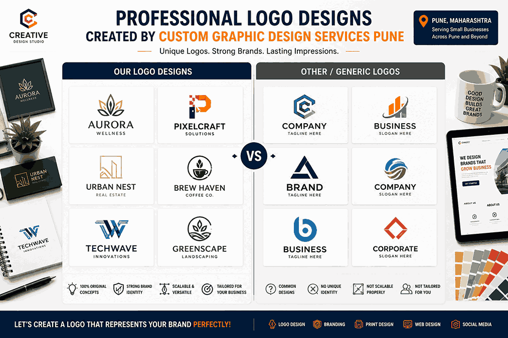 Professional logo designs created by Custom Graphic Design Services Pune for small businesses showing side-by-side logo comparisons and modern brand identity concepts.