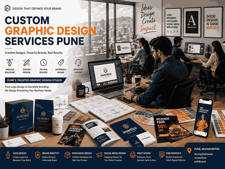 Hero image showcasing Custom Graphic Design Services Pune studio with modern creative tools, designers working on branding projects, and professional design samples displayed in 4:3 landscape format.