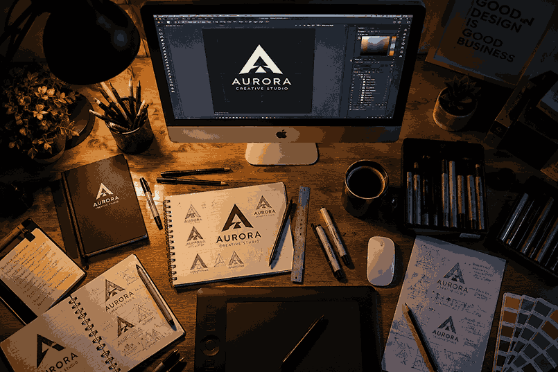Top-view realistic photography of a graphic designer workspace with logo sketches, creative tools, warm desk lamp lighting, and branding software on a computer screen in a dark moody studio.