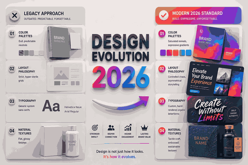 3D infographic comparison showing Legacy Approach vs Modern 2026 Standard with color palettes, typography, layout philosophy, and tactile branding textures
