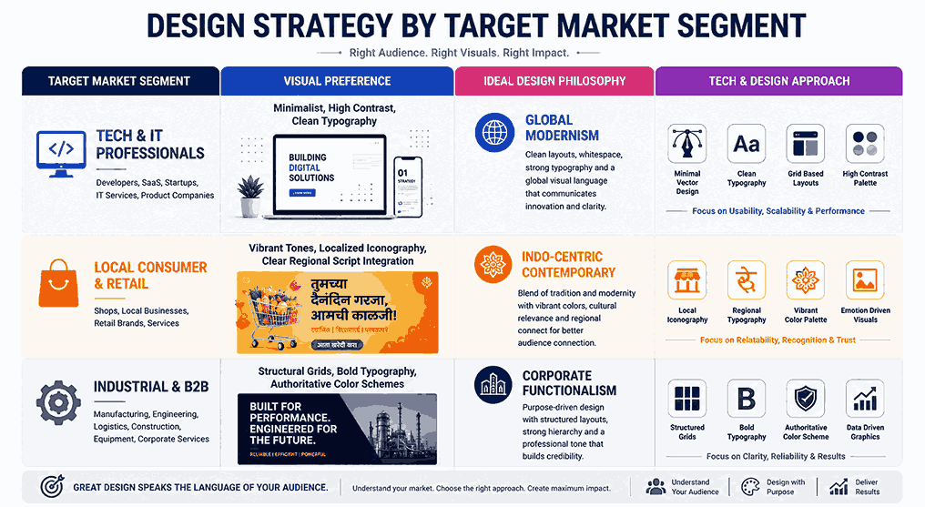 Infographic showing design strategies by target market segment including tech and IT professionals, local consumer retail brands, and industrial B2B businesses with visual preferences and design philosophies.