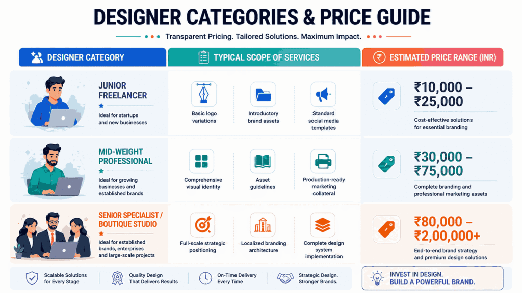 Designer categories and pricing infographic showing junior freelancers, mid-weight professionals, and senior boutique studios with service scope and estimated price ranges in India.