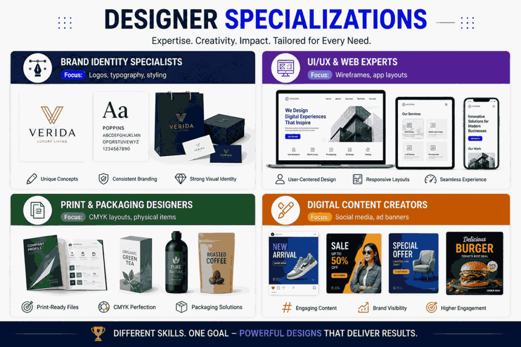 Designer specializations infographic showcasing brand identity experts, UI/UX web designers, print and packaging designers, and digital content creators with portfolio examples.