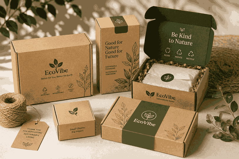 Eco-friendly packaging design with recycled kraft paper boxes, green branding elements, and sustainable product presentation