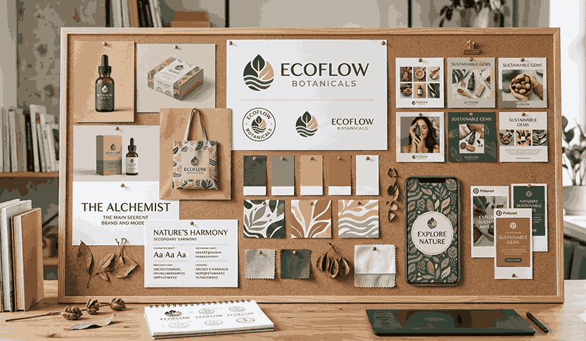 "moodboard" for "ECOFLOW BOTANICALS" on a cork bulletin board, featuring a main logo, variations, a color palette, and digital mockups for products like serum and