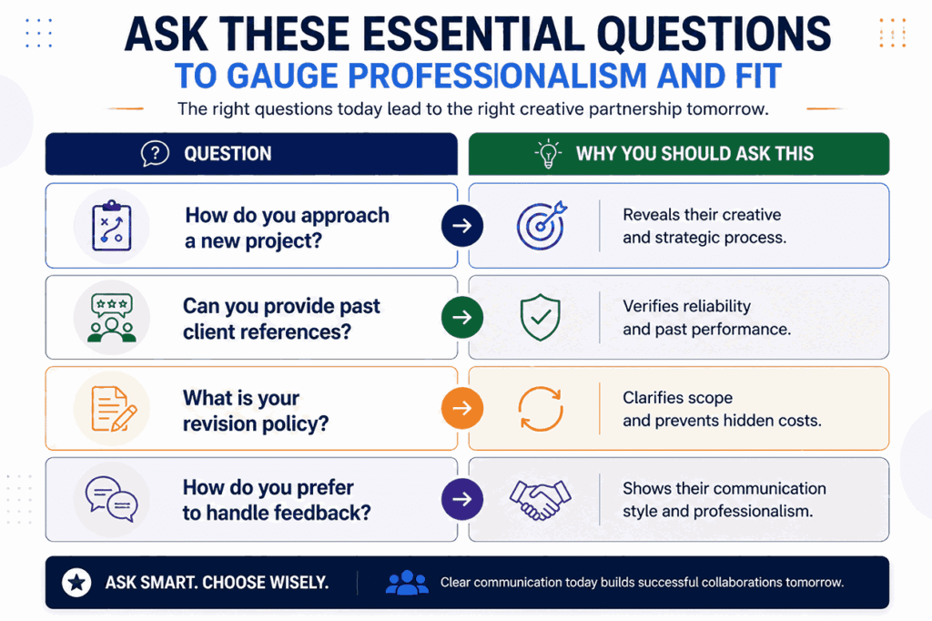 Professional infographic showing essential questions to ask graphic designers about project approach, client references, revision policies, and feedback handling before hiring.