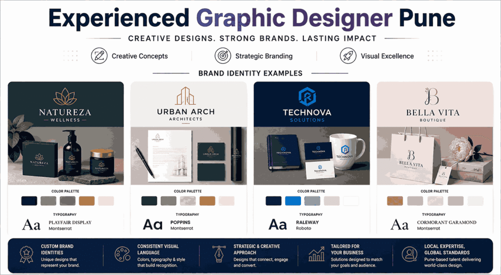 Experienced Graphic Designer Pune banner showcasing professional brand identity examples with logos, typography styles, color palettes, and branding mockups.