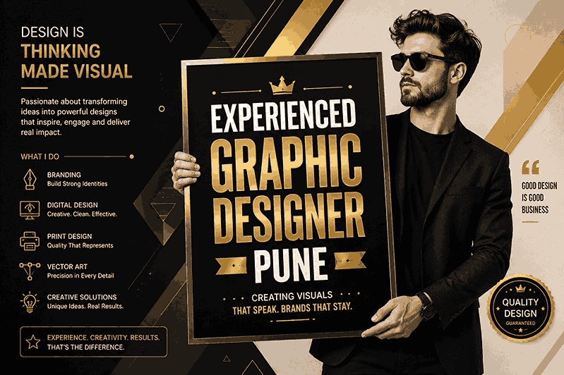 Experienced Graphic Designer Pune luxury poster featuring a stylish man holding a framed typography design with gold and white lettering on a premium black background