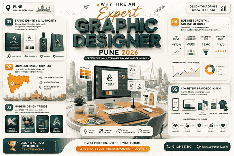 Expert Graphic Designer Pune 2026 infographic banner featuring branding mockups, business growth charts, packaging designs, digital branding visuals, and modern corporate infographic layout