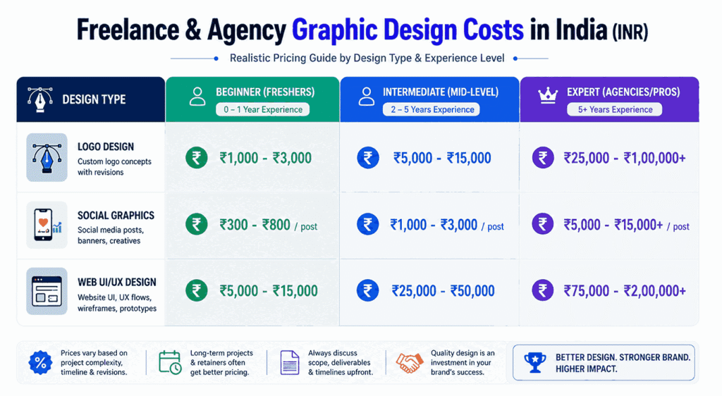Infographic showing freelance and agency graphic design costs in India for logo design, social media graphics, and web UI/UX design across beginner, intermediate, and expert experience levels.