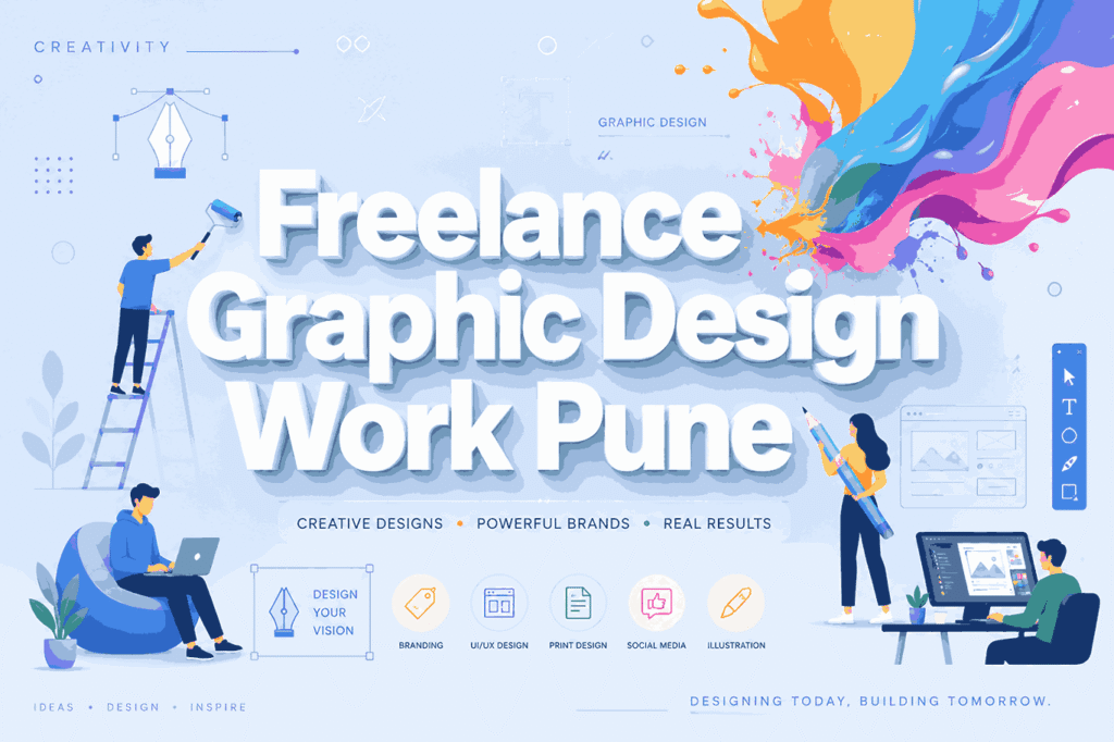Scandinavian-inspired freelance graphic design banner in Pune featuring bold white 3D typography, colorful paint splash gradients, minimalist designer illustrations, UI wireframes, and creative branding elements.