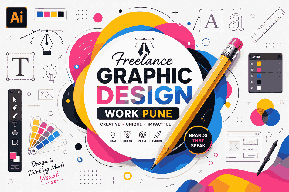 Adobe Illustrator-inspired freelance graphic design banner in Pune featuring colorful abstract branding shapes, creative doodles, vector tools, typography elements, and a large pencil crossing the central logo.