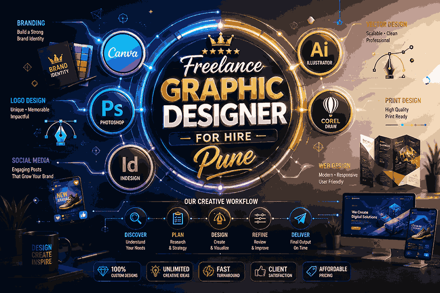 Freelance Graphic Designer for Hire Pune infographic banner with glowing 3D typography, software icons, neon workflow rings, and creative branding elements