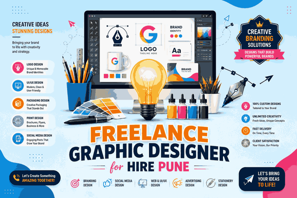 Freelance Graphic Designer for Hire Pune vector poster with creative desktop monitor, glowing light bulb, colorful branding tools, and modern graphic design elements