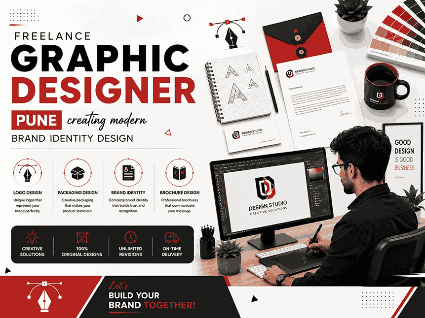 Freelance Graphic Designer Pune creating modern brand identity design in a professional creative workspace with logo concepts, packaging mockups, and branding materials in 4:3 format.