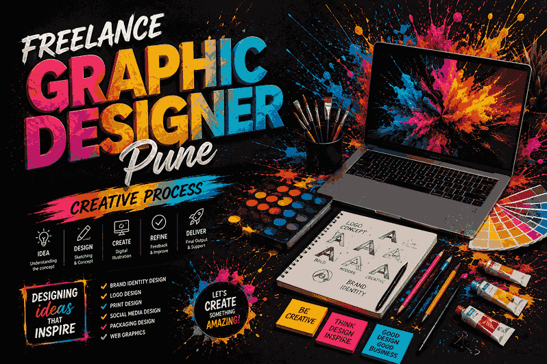 Creative graphic design poster featuring Freelance Graphic Designer Pune with colorful paint splash effects, 3D typography, digital artwork, and artistic workspace elements in landscape format.