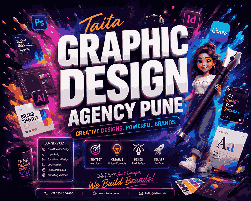 Graphic Design Agency Pune 3D creative services poster with glowing typography, female designer character, neon gradients, branding mockups, and UI design elements