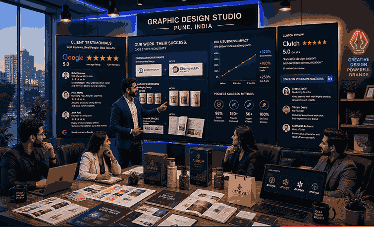 Modern graphic design agency studio in Pune presenting client testimonials, branding case studies, Google reviews, ROI growth charts, and creative branding mockups in a premium office