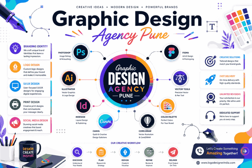 Graphic Design Agency Pune infographic banner with colorful software icons, workflow diagram, branding elements, and modern vector illustration design
