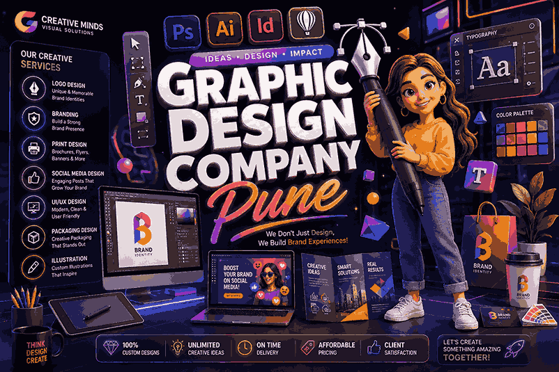Freelance Graphic Designer for Hire Pune infographic banner with glowing 3D typography, software icons, neon workflow rings, and creative branding elements