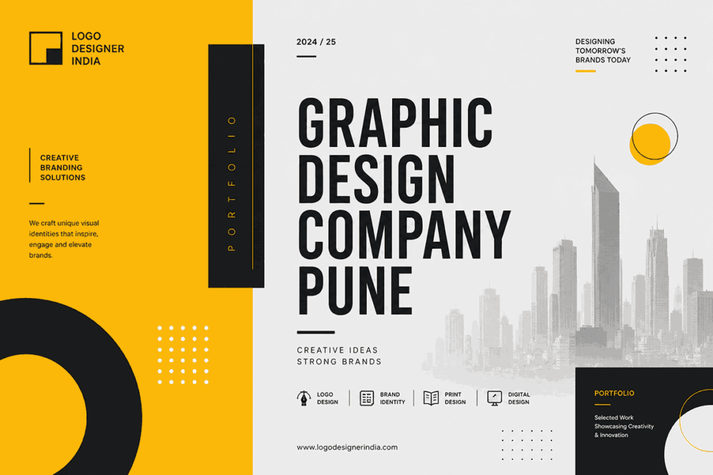 Minimal modern portfolio cover design for Logo Designer India featuring Graphic Design Company Pune typography, mustard yellow split layout, geometric elements, and clean editorial branding