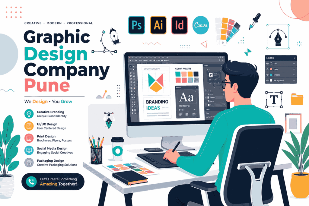Graphic Design Company Pune flat vector illustration with professional designer working on branding layouts, UI design, logo concepts, and creative software tools